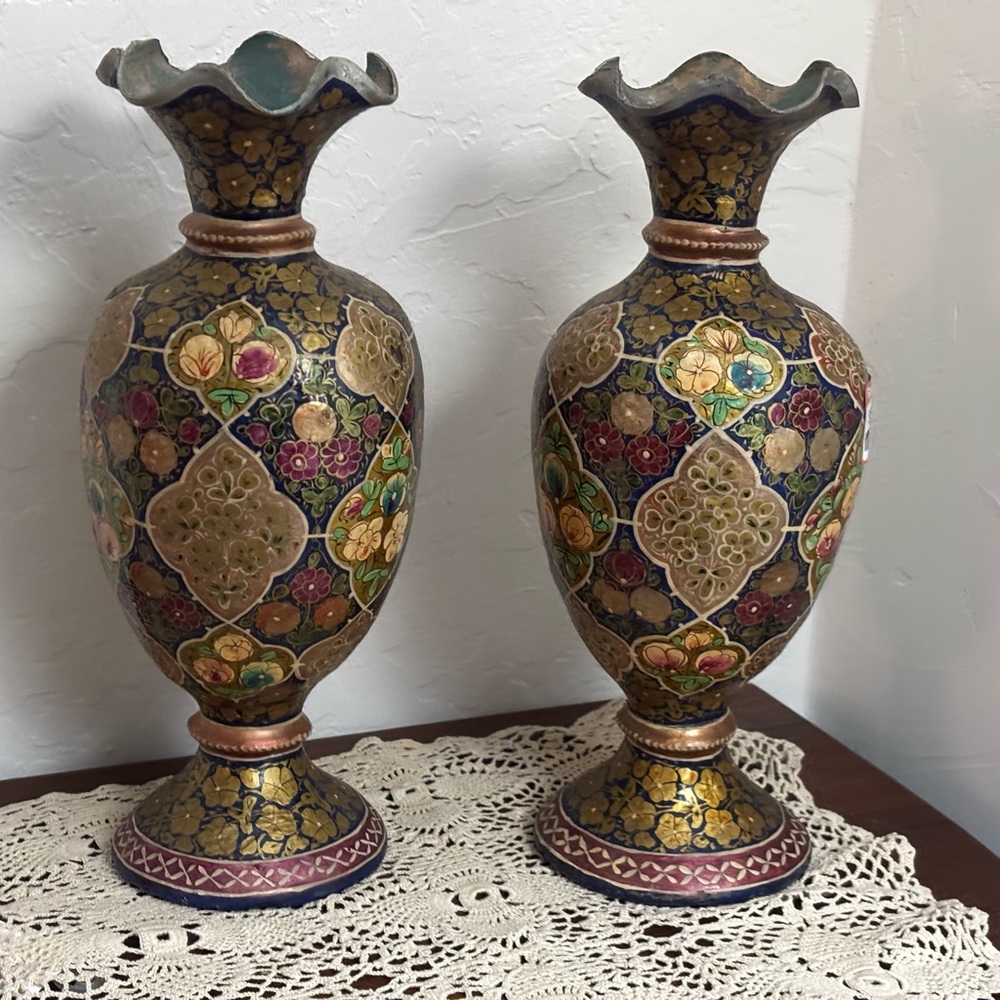 Vintage Kashmiri Papier Mache Floral Patterned Vases - Gold and Multicolor